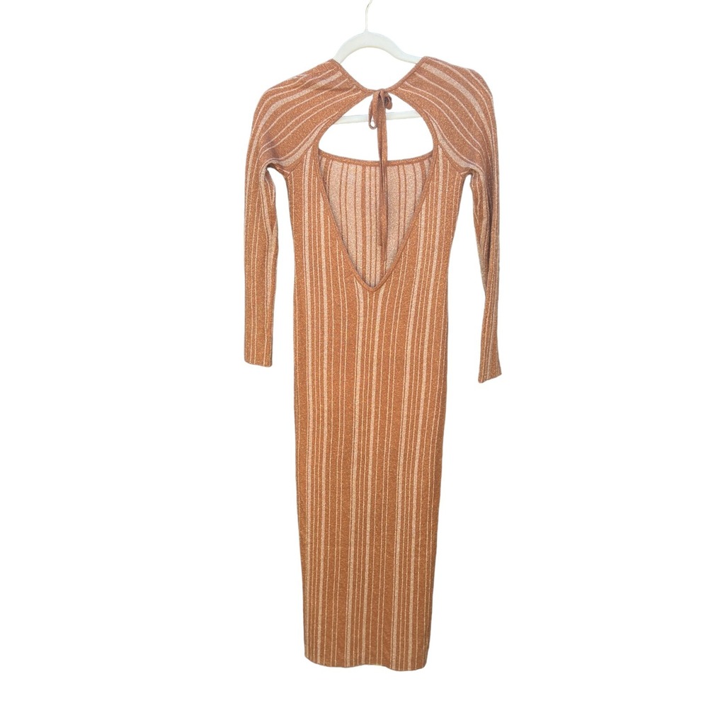 LPA Dress Womens S  Sparkle Brown Striped Long Sleeve Midi‎ Slit Knit Holiday - Picture 4 of 7